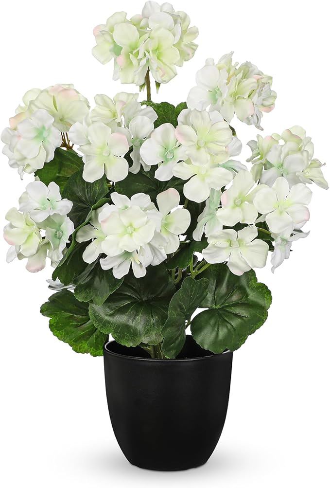 Briful 17” Geraniums Artificial Flowers Realistic Potted Plant – White Fake Geraniums for Outdoors, Silk Flowers Artificial Outdoor Plants for Indoor Home Decor, Farmhouse Table Centerpiece Decoration