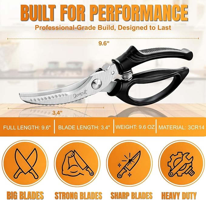 Poultry Shears, Kitchen Shears Heavy Duty for Food With Anti-Slip Handle & Safety Lock, Meat Scissors, Chicken, Lobster, Quail, Fish, Food Cutting Scissors, Bone Cutter - Spring Loaded