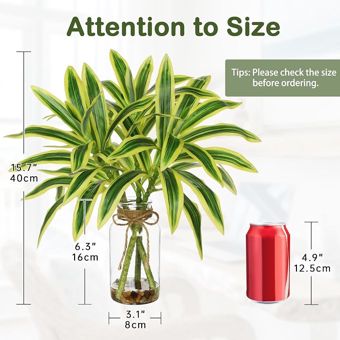 Faux Greenery Stems in Vase Dracaena Aritificial Plant in Glass Vase with Faux Water & Stones 15.7" Small Potted Plants Arrangement Centerpieces for Farmhouse Kitchen Dinner Tables Greenery Decor