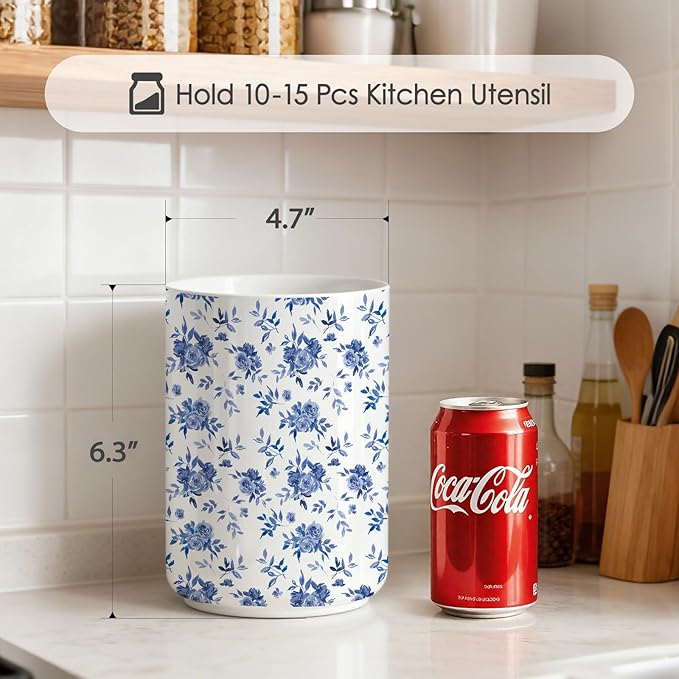 Utensil Holder, Utensil Holder for Kitchen Counter,Large Cooking Utensil Crocks for Kitchen Counter Decor,Morden Utensil Organizer,Ceramic Vase , H6.3 xD4.7(Blue and White Porcelain)