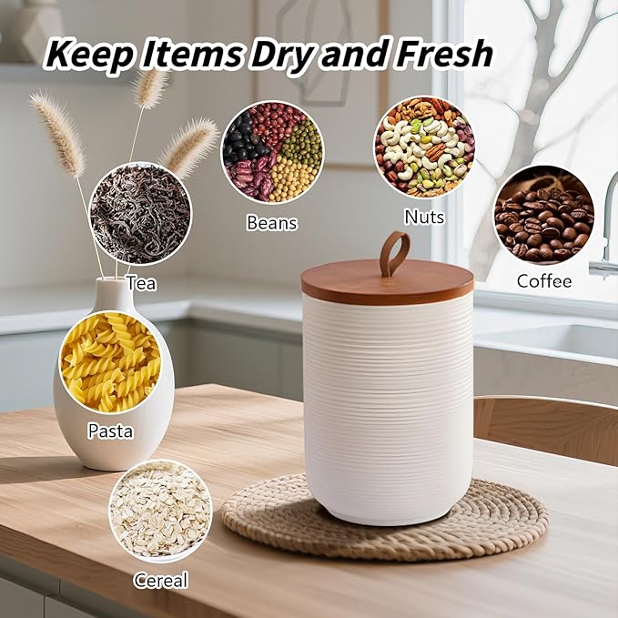 Food Storage Jar Strong Ceramic Storage Canisters with Airtight Wooden Lid,Kitchen Storage Containers for Serving Coffee Beans, Tea, Sugar, Salt, Spices (White three-piece suit)