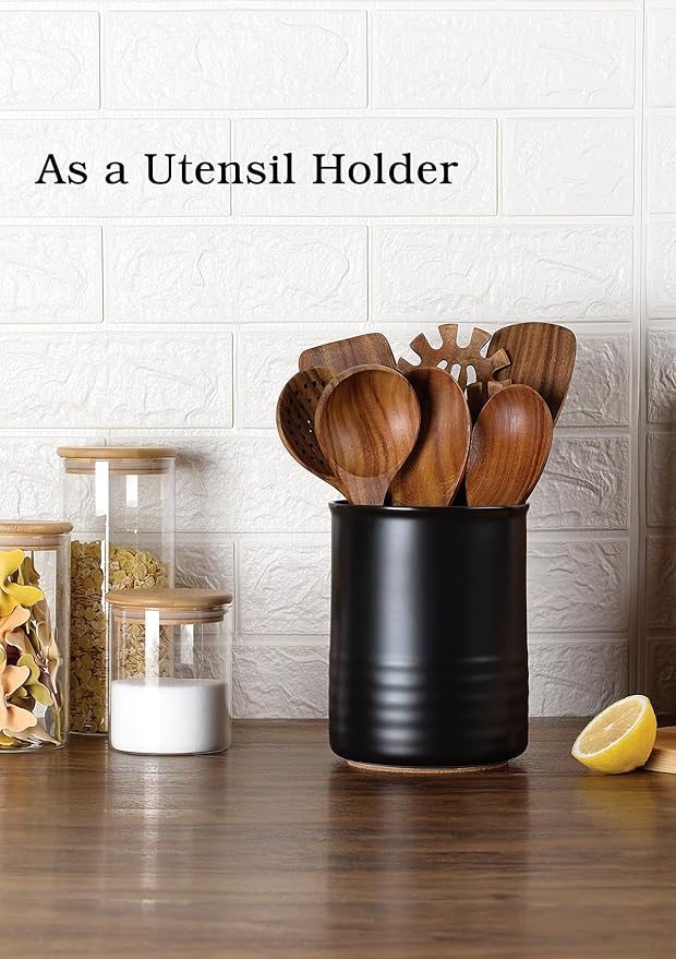 ABRUTY Utensil Holder, 6.7" Ceramic Kitchen Utensil Crock for Countertop Cooking, Modern Utensil Caddy Jar Organizer for Farmhouse Kitchen Counter Décor, Matte Black