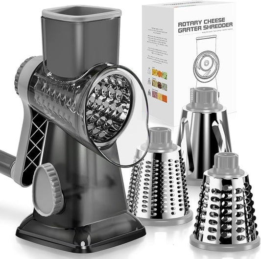 KEOUKE Rotary Cheese Grater Hand Crank Transparent - Shredder Slicer Grinder 3 Stainless Steel Blades, Stable Suction, Labor-Saving Handle, Safe Kitchen Tool for Cheese, Vegetable, Nuts, Chocolate