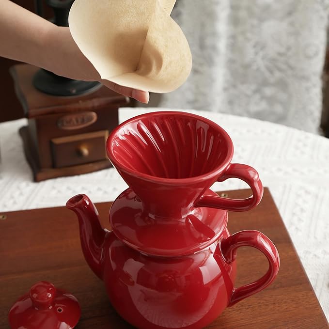 London Pottery V60 Coffee Dripper, Exquisite Porcelain Ceramic Manual Coffee Filter, Suitable for Pour Over Coffee in Office, Outdoor and Home Use (Red)