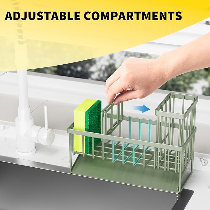 Cisily Kitchen Sink Caddy, Sponge Holder for Kitchen Sink, Kitchen Sink Organzier and Storage with High Brush Holder, 304 Stainless Gadgets Sink Accessories, Organizadores de Cocina Sage Green