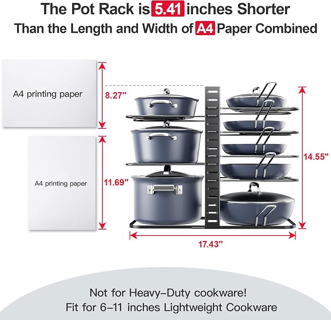 ORDORA Pots and Pans Organizer Under Cabinet 14.55" Height, Adjustable 8-Tier Pot Organizers inside Cabinet, Kitchen Organizers and Storage Fit 6-11 inch Lightweight Cookware