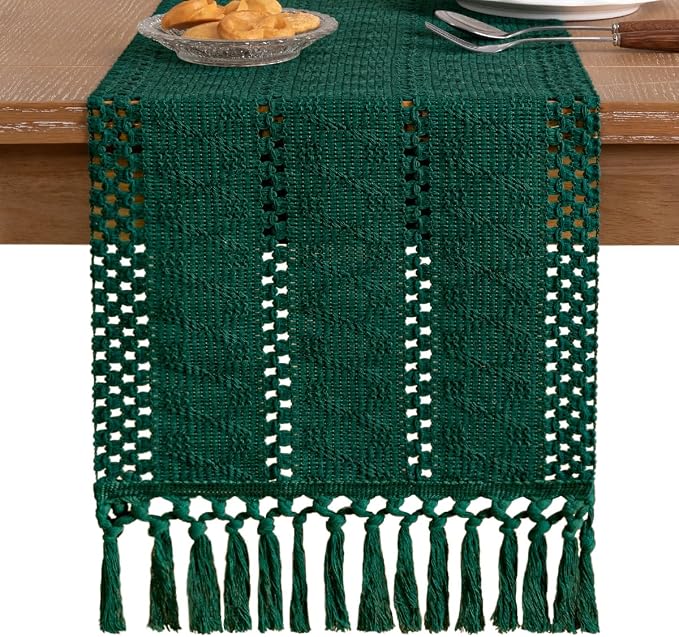 Socomi Boho Table Runner Summer Farmhouse Woven Cotton Linen Rustic Coffee Table Runner with Tassels for Dresser Scarf Home Decor Dining Room 12x90 inch Emerald Green
