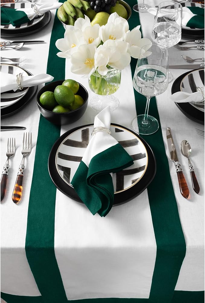 Solino Home 100% Pure Linen Table Runner 14x72 Inch – Rainforest & White, Oeko-TEX Certified, Spring & Summer Table Runner for Dining Table, Handcrafted Farmhouse Décor - Contempo