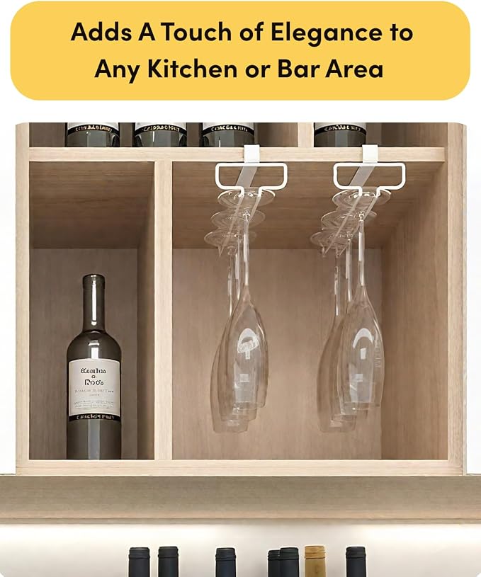 LINFIDITE 2 Pack Wine Glass Holder Stemware Rack Hanger Under Cabinet Wine Glass Rack Kitchen Hanging Storage Rack Organizer,White(For Partition Thickness under 0.98")