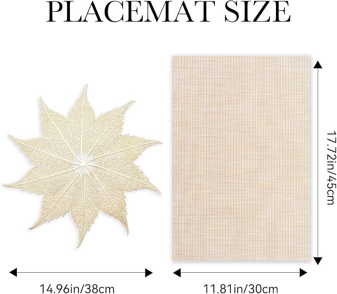 BACKTOEDEN Placemats Set of 4 Heat Resistant Washable Wipeable Placemat Woven Non-Slip Foldable Vinyl/Plastic Place Mats Indoor/Outdoor Mat Kitchen Dining Table Pad, Gold Maple Leaf & Beige