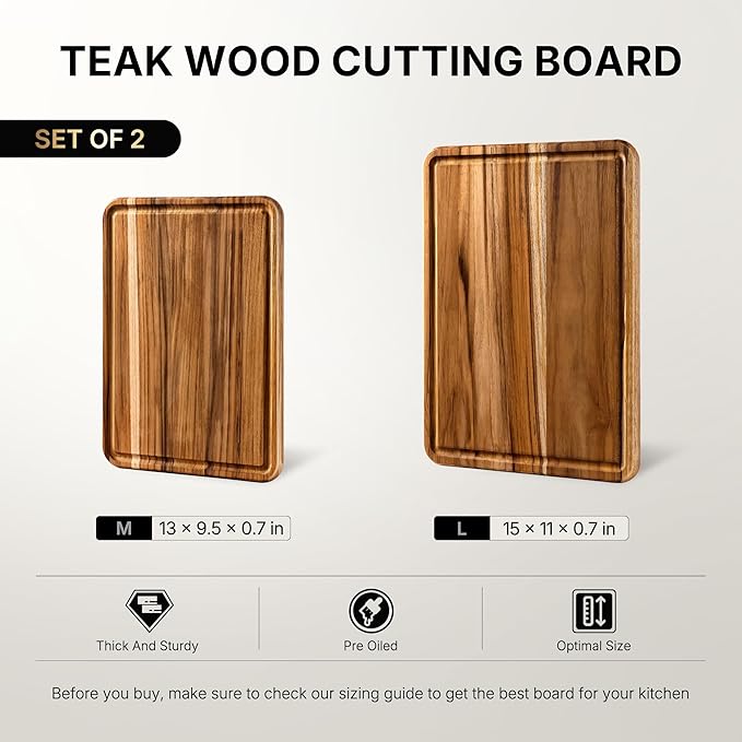 2 Pack Teak Wood Cutting Board for Kitchen Book Wooden Chopping Board Charcuterie Board Non Slip Over Sink Teak Wood NOT Bamboo Acacia Olive