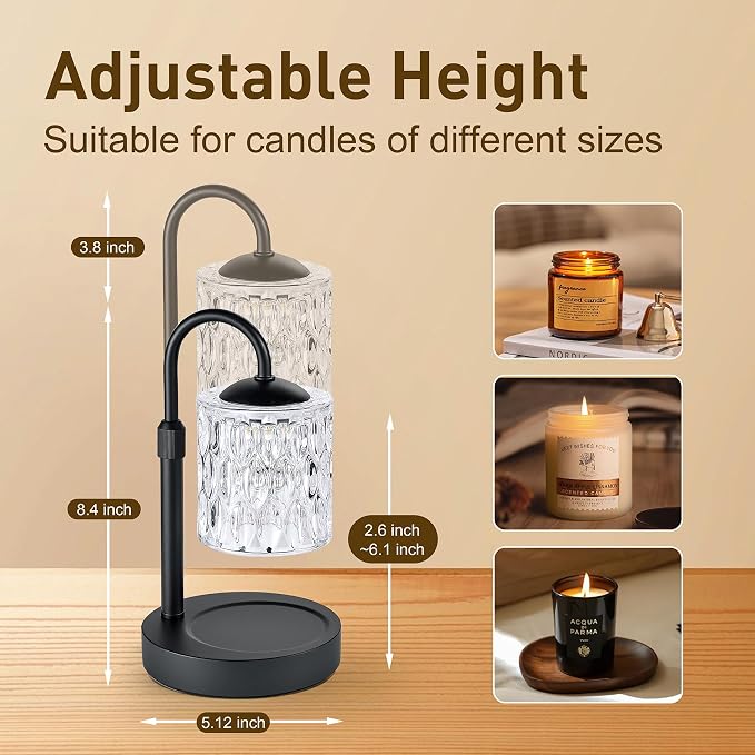 Briever Dimmable Candle Warmer Lamp with Timer, Height Adjustable Electric Candle Wax Warmer, Christmas Birthday Gifts for Women Mom, House Warming Gifts New Home Decor, Black Base with Glass Shade