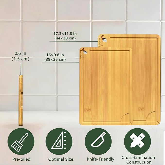 Cutting Boards for Kitchen,Bamboo Cutting Board Set of 2, Large and X-Large Carbonized Chopping Boards with Deep Juice Grooves and Handles for Meat, Bread, Dough Kneading and Cheese