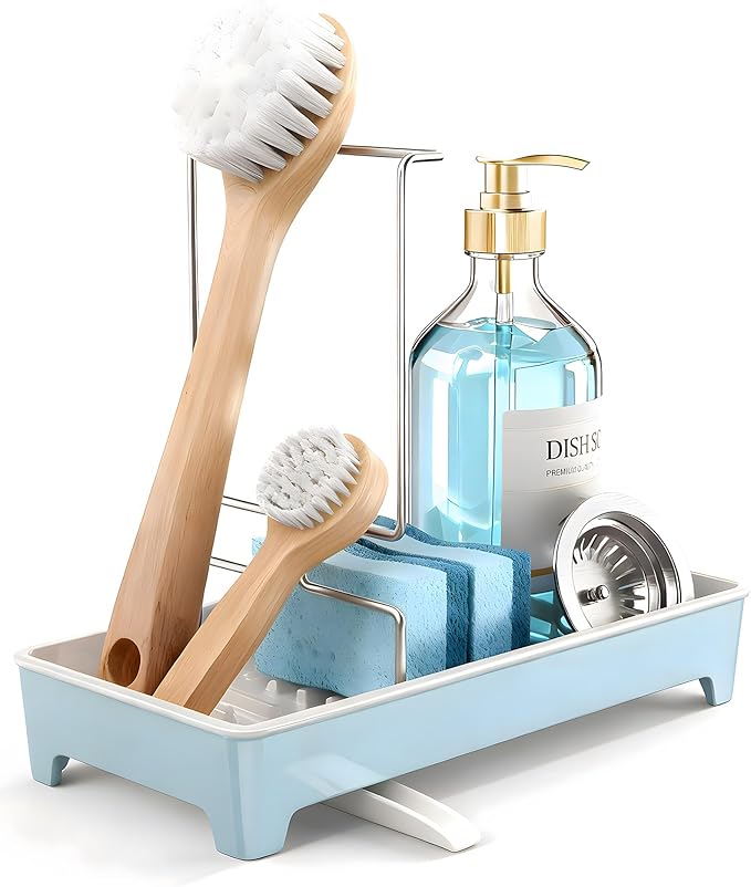 Minimalist Sink Caddy, Rustproof Sponge Holder for Kitchen Sink with 304 Stainless-Steel Brush Holder, Countertop Rack Organizer with Raised Ridges & Silicone Drain Tube (Pastel Blue, Large)