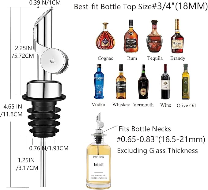 Pafusen 2 Pack Auto Flip Olive Oil Dispenser Spout, Liquor Pour Spout, Oil Dispenser Top, Easily Turn Your Bottles into Dispensers for Liquor, Vinegar, Oils, Weighted Pourer, Silvers