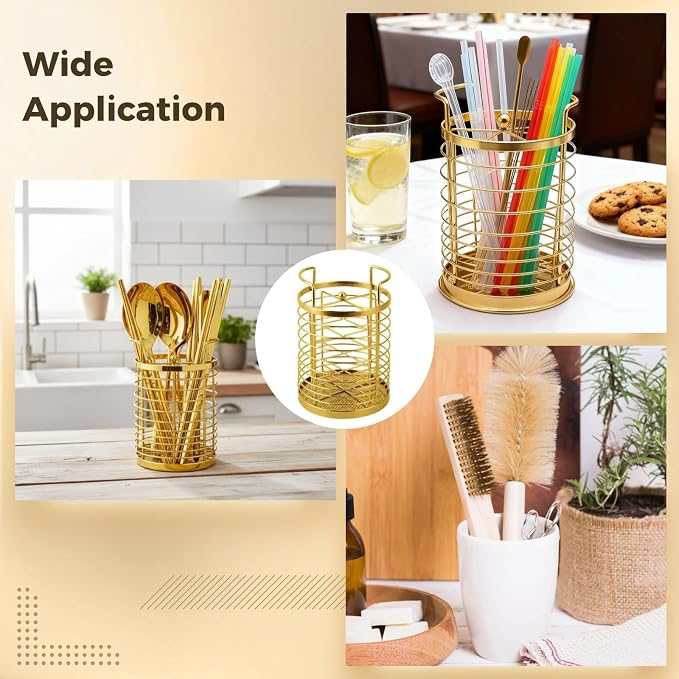 Rotating Kitchen Utensil Holder, Golden Stainless Steel Mesh Cutlery Drainer, Organizer with Dividers, Countertop Storage Basket
