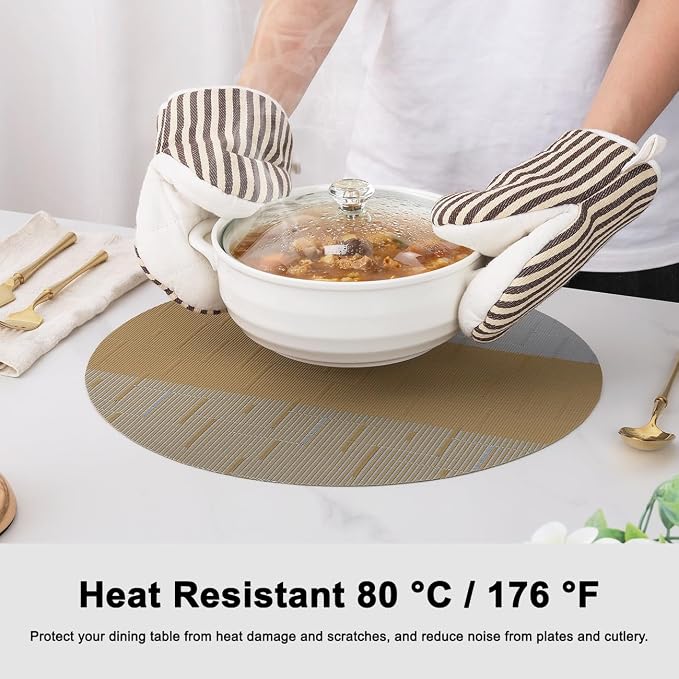 Round Placemats Set of 8, 15 Inch Woven Vinyl Heat Resistant Place Mats, Washable Non Slip PVC Table Mats for Kitchen Dining Party Outdoor Table Decor (Gray Light Brown, 8)
