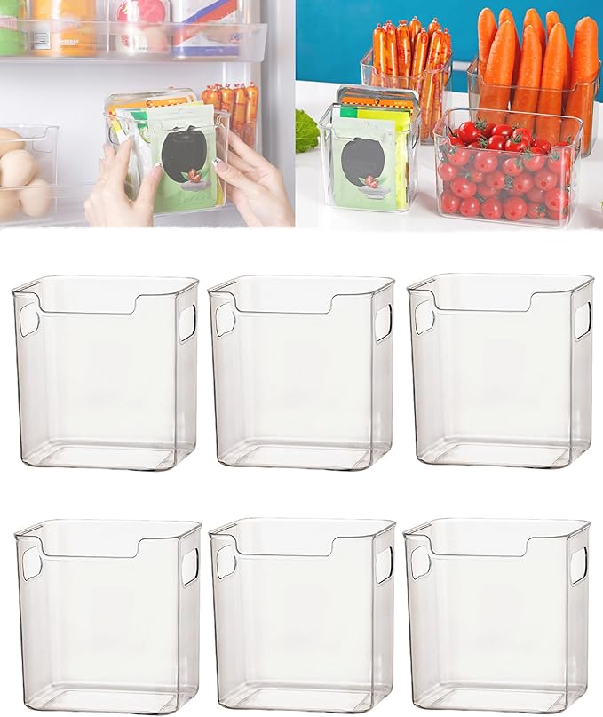 Clear Crystal Freezer Storage Bins - S/L Plastic Storage Bins for Refrigerator and Pantry, Stackable Kitchen Cabinet Organizer with Handles for Frozen Food, Meat & Veggies (6PCS S)