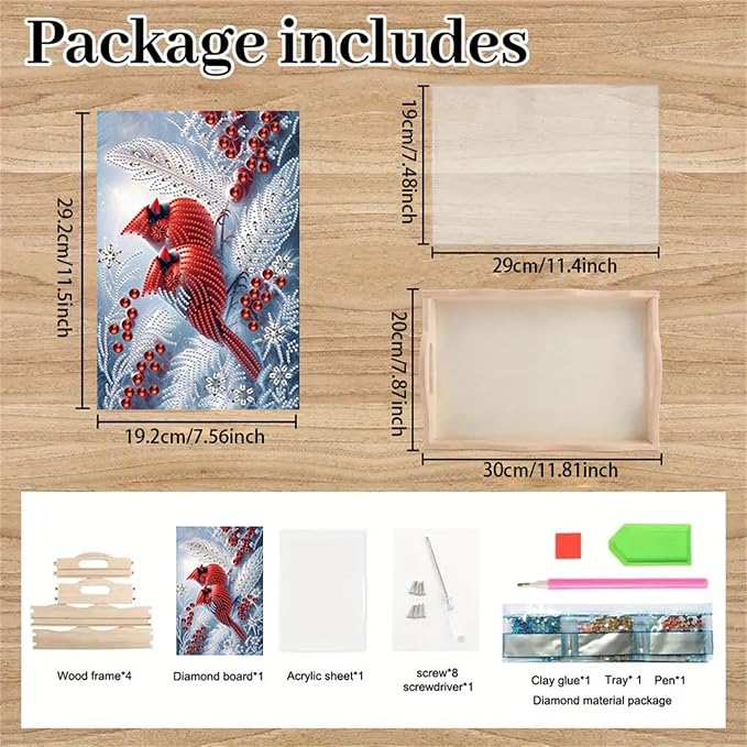 DIY Diamond Serving Tray with Handle Handmade Diamond Art Painting Wooden Rectangular Breakfast Tray for Dinner Plate Coffee Room Living Home Organizer-Cardinal02