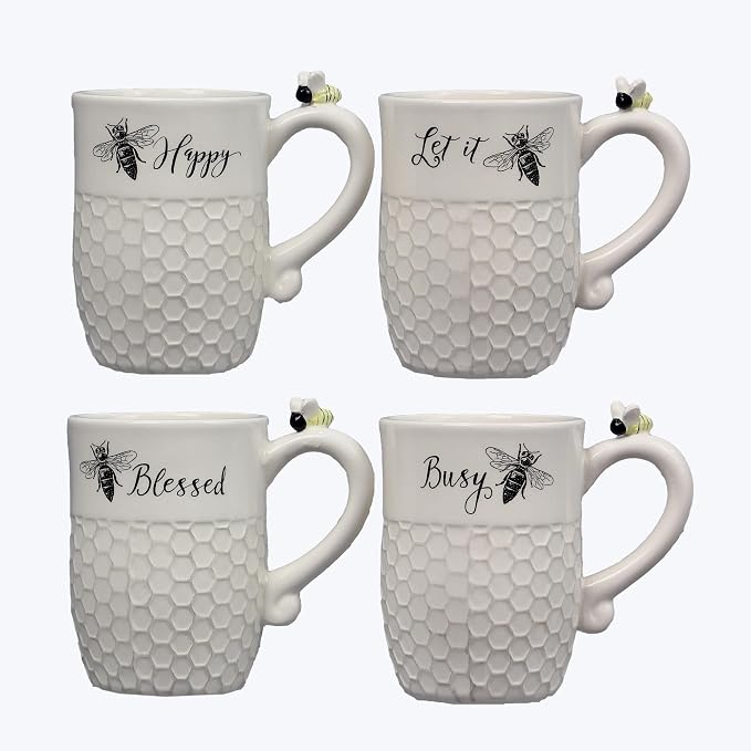 Young's Inc Ceramic Bee Coffee Mug Set of 4, 16 oz – Honeycomb Texture Cups with Bee Handle – Microwave & Dishwasher Safe, Perfect Bees Lover Gift