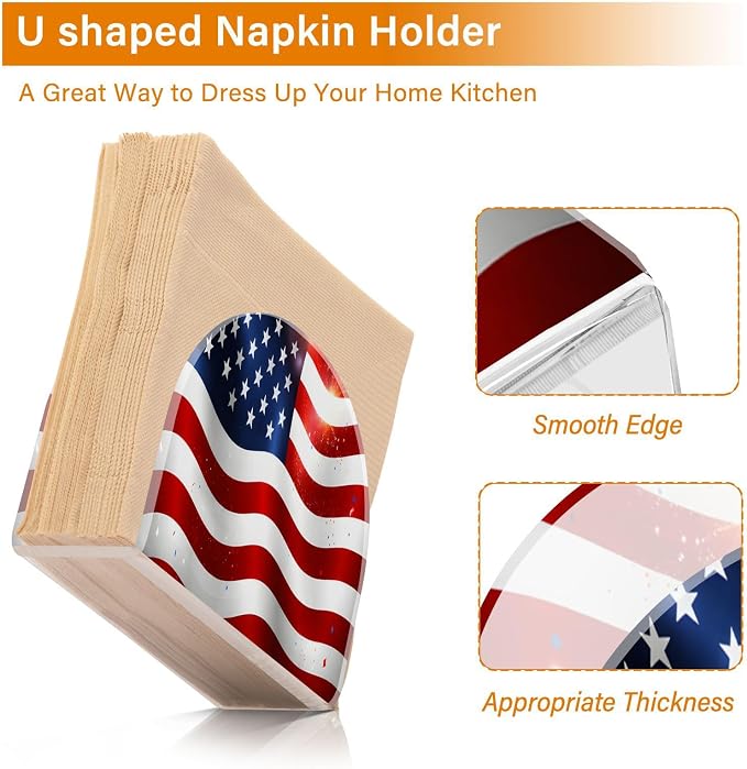 Independence Day Bright American Flag Napkin Holder for Tables Paper Cocktail Napkin Holders for Kitchen and Dinning, Acrylic Dinner Napkin Dispenser for Restaurant Home Decor Bar Accessories 2 Pack