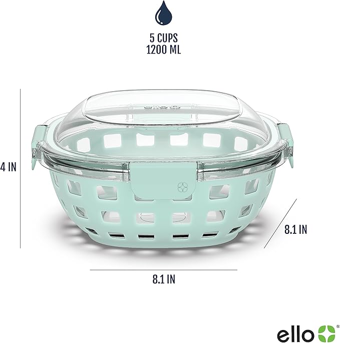 Ello DuraGlass Food Storage Glass Lunch Bowl - Meal Prep Container with Silicone Sleeve and Airtight Lid, 5 Cup, Yucca