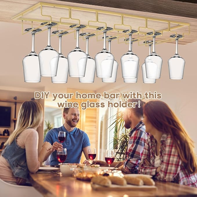 Xverycan Wine Glass Rack Under Cabinet, 6 Row Extreme Large Stemware Hanger, Metal Wine Goblet Holder, DIY Bar Glass Storage Rack for Bar Counter, Kitchen, Screws Included (Gold)