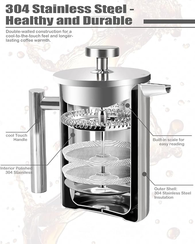 French Press Coffee Maker, Stainless Steel Coffee Press with scale lines (Silver, 17 OZ)