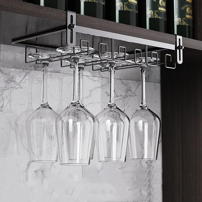 Under Cabinet Wine Glass Rack, Punch-free Stemware Rack, Hanging Stemware Holder, Adjustable Under Shelf Glasses Storage Hanger, Metal Organizer, For Cabinet Kitchen Bar