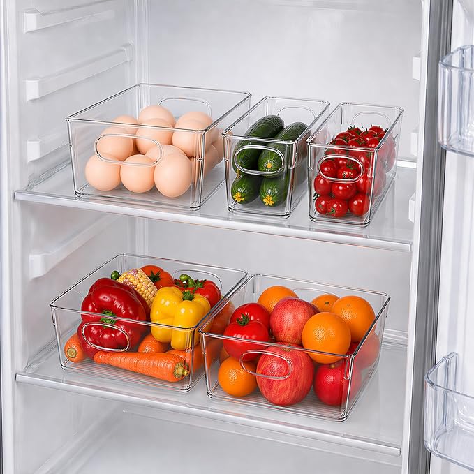 UFORU 5 Pack Clear Pantry Organizers and Storage, Stackable Plastic Storage Bins with Handles, Clear Storage Bins for Kitchen, Fridge, Freezer, Cabinet and Containers for Pantry Organization