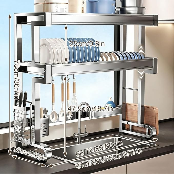 304 Stainless Steel Over The Sink Dish Drying Rack, 1/2 Tier Multifunctional Countertop Dish Storage Rack Sink for Countertop Storage(Double Layer,76cm/29.9in)