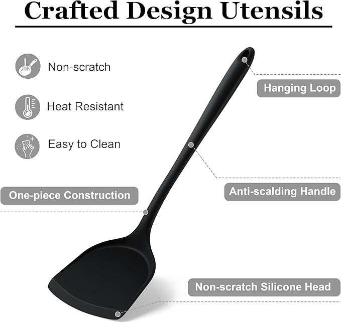 LIANYU 8Pcs Cooking Utensils Set, Heat Resistant Kitchen Utensils, Silicone Utensils Spatula Set for Nonstick Cookware with Spatula, Ladle, Turner, Spoon, Dishwasher Safe, Black