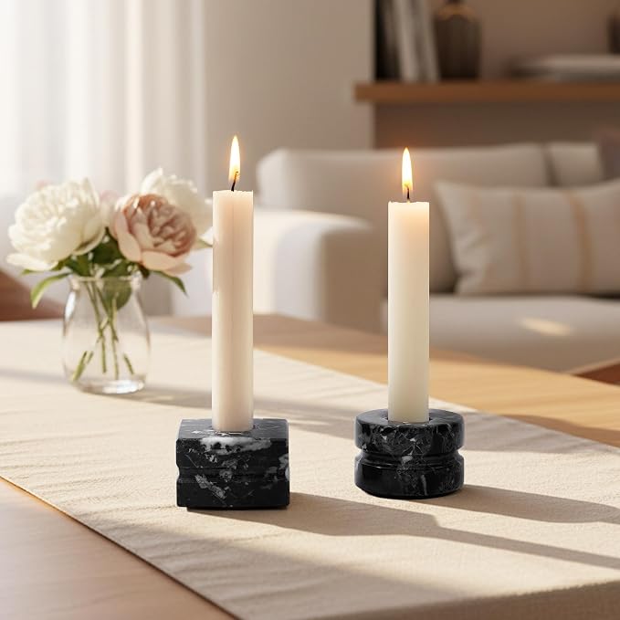 Marble Candle Holder Set of 3, Handmade Zebra Black Stone Candlestick Holders, Minimalist Taper Candle Stand, Decorative Table Decor for Living Room & Dining, Centerpiece, Housewarming & Wedding Gift