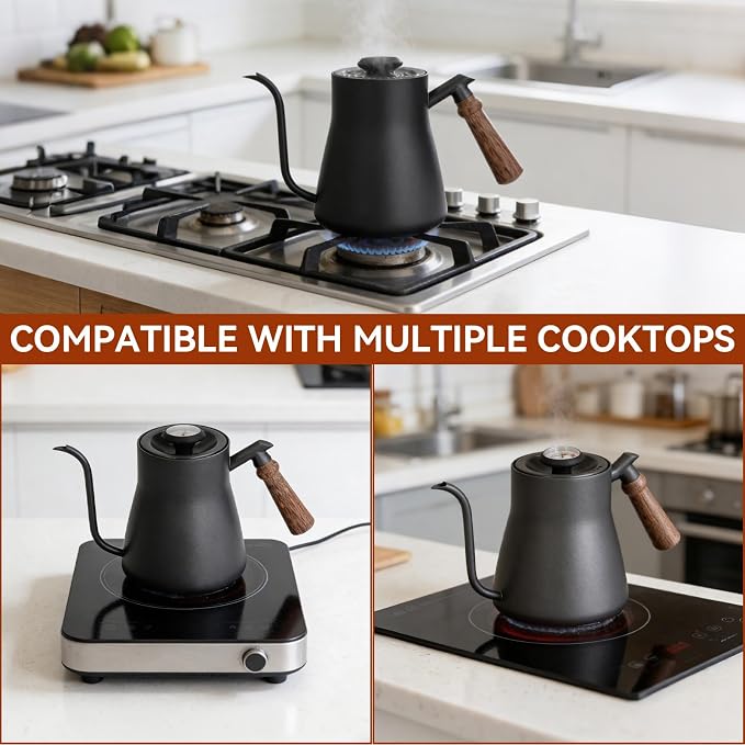Pour over Coffee Kettle with Thermometer, 850ml Goose Neck Kettle Pot Induction Kettle Stovetop Stainless Steel Gooseneck Kettle with Wood Handle