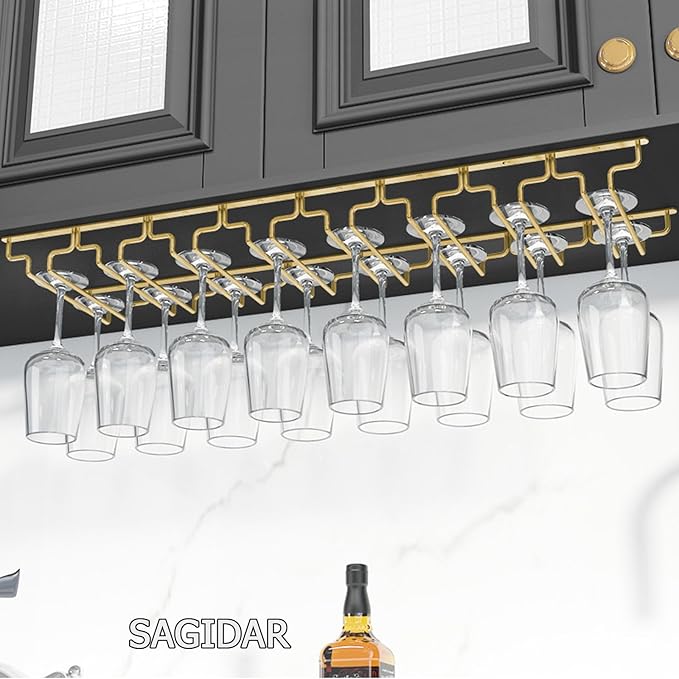 SAGIDAR Hanging Wine Glasses Metal Rack, Wine Glass Rack Under Cabinet, Stainless Steel Stemware Rack, Width 18/22.5/28cm, Sturdy and Durable, Long Stem Glass Holders