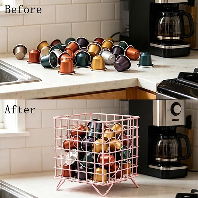 Coffee K Cup Holder Coffee Pod Rack Coffee Organizer Stand K Pod Container, Metal Creamer Holder, Coffee Bar Accessories Basket K Pods Storage for Kitchen Counter, Black