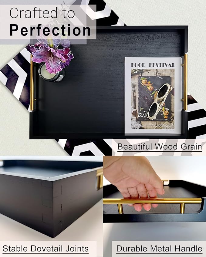22 inches Black Wooden Ottoman Serving Tray with Golden Metal Handles | Large Rectangular Decorative Wood Tray for Living Room Kitchen Coffee Table Couch Bed
