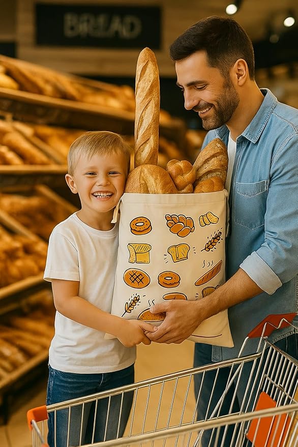 Reusable Bread Bags with Waxed Cotton Lining & Waterproof TPU Options – Linen Exterior with Patterns,Eco-Friendly Food Storage Tote for Homemade Bread, Baguette, Pastries-Zip+Beeswax+Mode2-2Pack