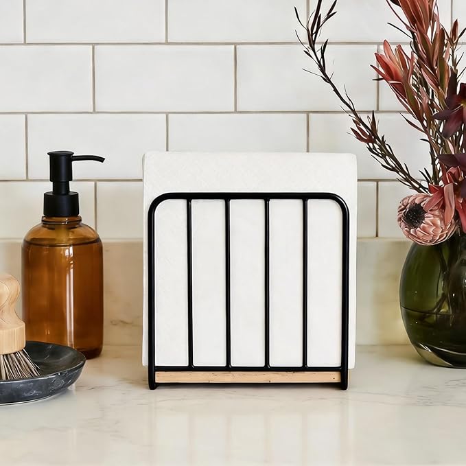 Modern Farmhouse Napkin Holder for Table, Weighted Solid Wood Base with Metal Design, Vertical Standing Napkin Dispenser for Kitchen Countertop, Dining Room and Outdoor Picnic (Black)