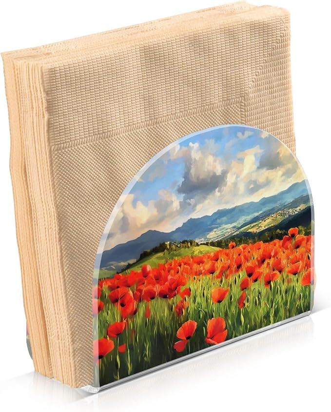 Oil Painting Poppy Flower Field Red and Green Napkin Holder for Table Acrylic Vertical Napkin Holders for Paper Napkins Decor Napkin Dispenser for Home Dining Cocktail Kitchen Accessories, 2 Pack