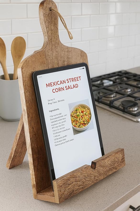 Wedding Gifts Solid Wood Cookbook Stand for Kitchen Counter Recipie Book Holder for Cooking, Chopping Board Style Foldable and Holder for Tablets and Cookbooks (Brown) Cooking Gifts