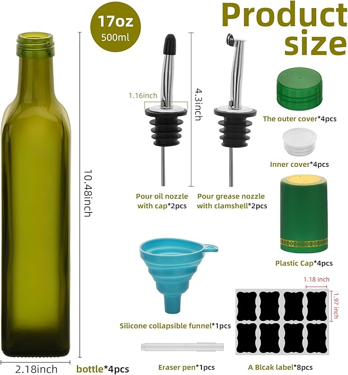 17oz 4 Pcs Olive Oil Dispenser Bottle,500ml Glass Oil and Vinegar Dispenser Set with 4 Stainless Steel Pourers, 8 Labels,Funnel Oil Bottles for Kitchen (Green)