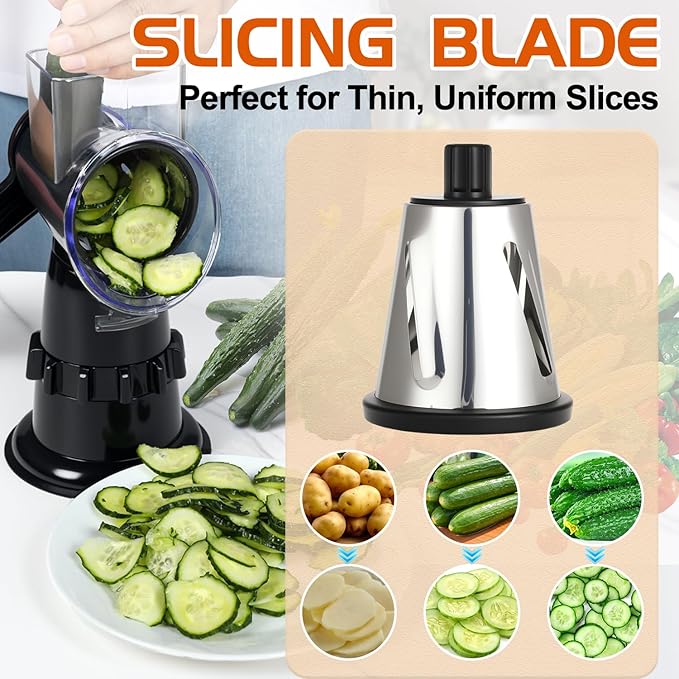 Rotary Cheese Grater Hand Crank, Vegetable Slicer with 3 Blades, Stable Suction, Labor-Saving Handle, Cheese Shredder for Potato Vegetables Nuts Chocolate, Black