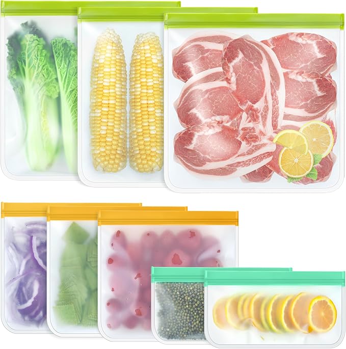 8 Pack Silicone Bags Reusable Storage Silicone Bags-3 Reusable Gallon Freezer 3 Sandwich 2 Snack Bags, Leakproof Food Storage Containers for Home Work
