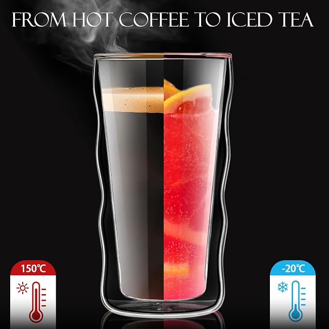 Joeyan Double Walled Insulated Tumbler,15 oz Beer Cocktail Glass Cups Highball Drinking Glasses,Double Lined Borosilicate Smoothie Hot Beverage Tea Coffee Glassware,Set of 2