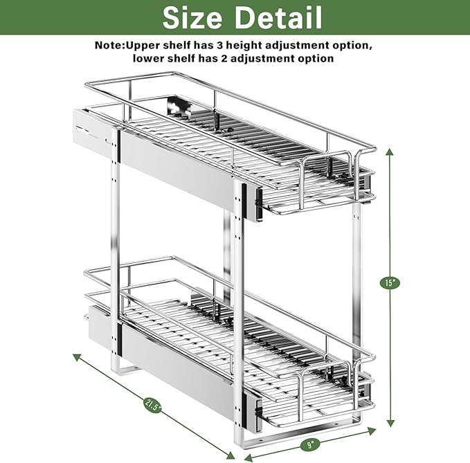 LOVMOR 2 Tier Individual Pull Out Cabinet Organizer 9" W x 21½" D, Slide Out Kitchen Cabinet Storage Sliding Shelves