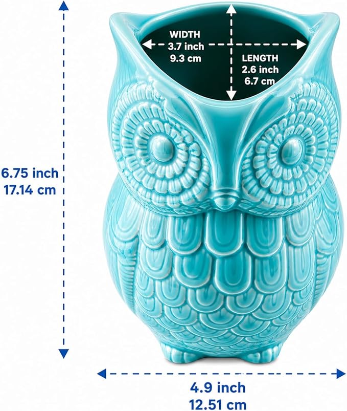 Comfify Owl Utensil Holder Decorative Ceramic Cookware Crock & Organizer, in Lovely Aqua Blue Color - Utensil Shaped Caddy and Perfect Kitchen Ceramic Decor Gift for Countertop - 5” x 7” x 4” Size