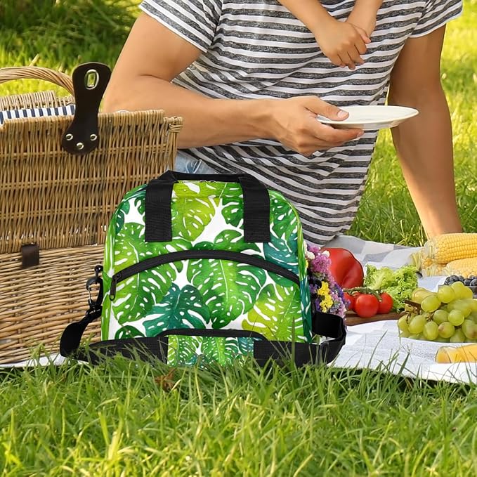 Green Palm Leaves Insulated Lunch Bag for Women Men Reusable Lunch Box Cooler Bag Large Leakproof Lunch Tote with Adjustable Shoulder Strap for Adult Work Picnic Camping Beach Office