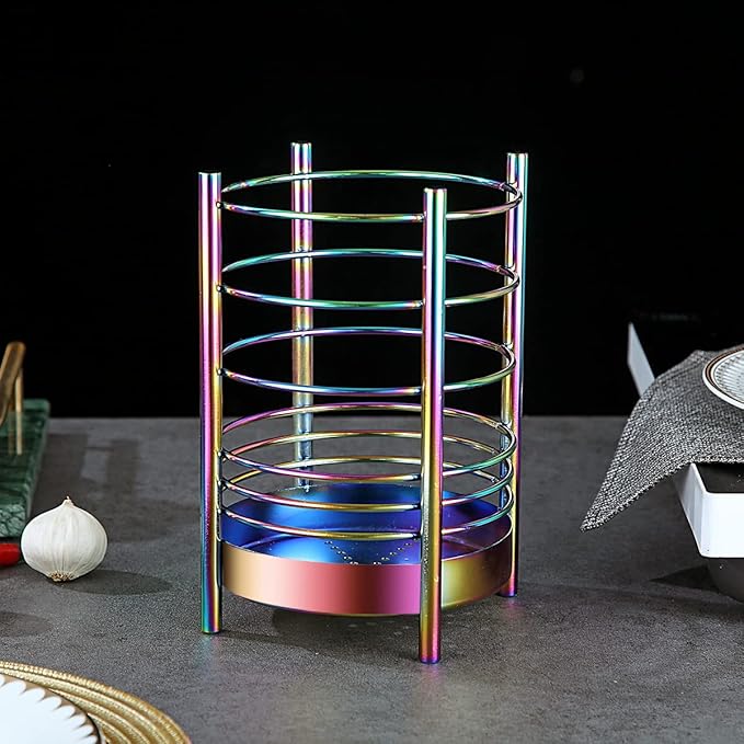 Rainbow Kitchen Utensil Holder for Kitchen Counter, Stainless Steel Utensil Crocks, Rainbow Titanium Coating Utensil Storage Caddy Organizer, Cooking Utensil Holder, Easy Cleaning(Rainbow/7.4''x5.2'')