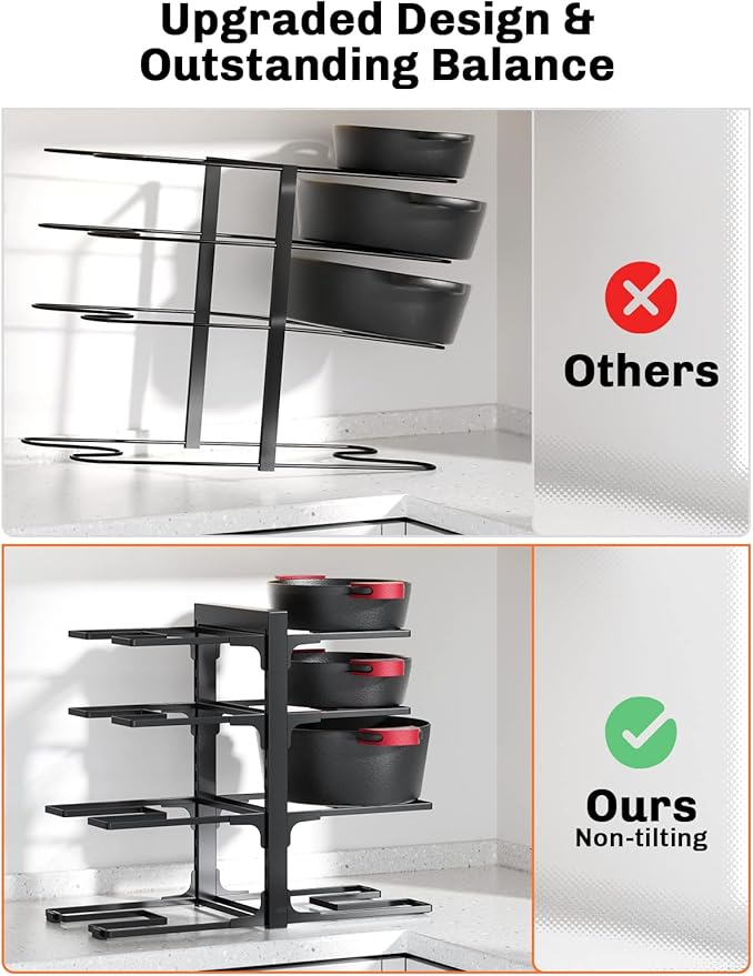 MUDEELA 8-Tier Pots and Pans Organizer under Cabinet, 15.83" Height Heavy Duty Pot Pan Organizer Kitchen Cabinet Organization and Storage, Adjustable Pot Rack for Frying Pan, Cast Iron Skillet, Black